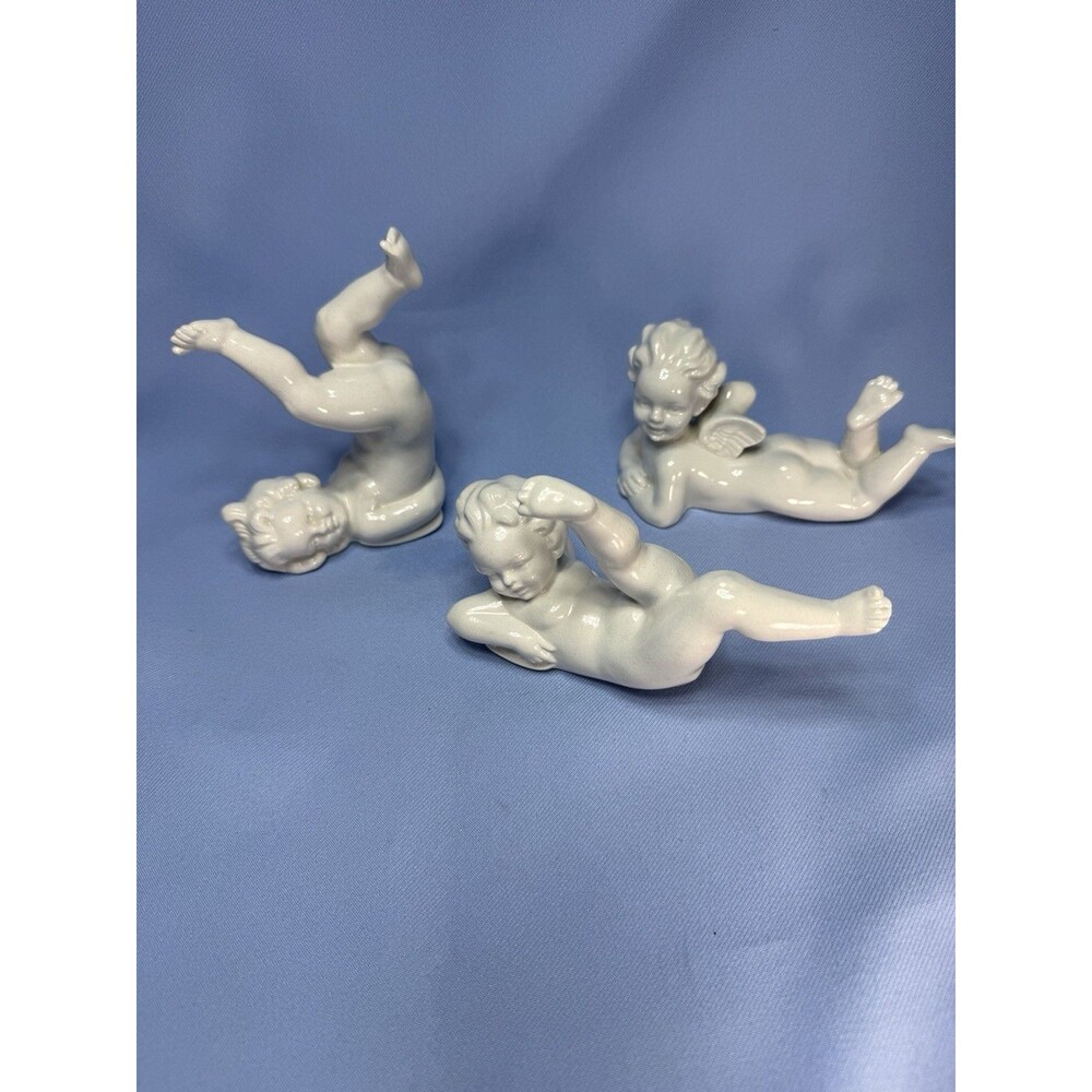 3 Vintage Dresden White Porcelain Playful Nude Cherub Figurines Germany